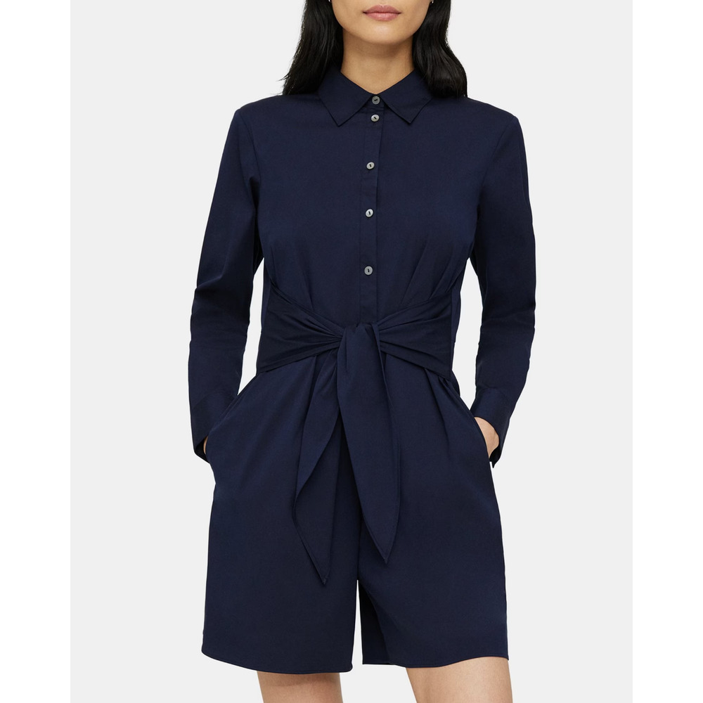 Theory NWOT Stretch Cotton Tie Waist Romper Navy Blue Size 4